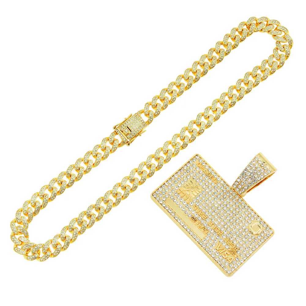 Mens Hip Hop Fl d Out Credit Card Pendant Necklace With 1m Width Cuban Chain Gold Color Necklaces Charm CZ Jewelry Gift X250224
