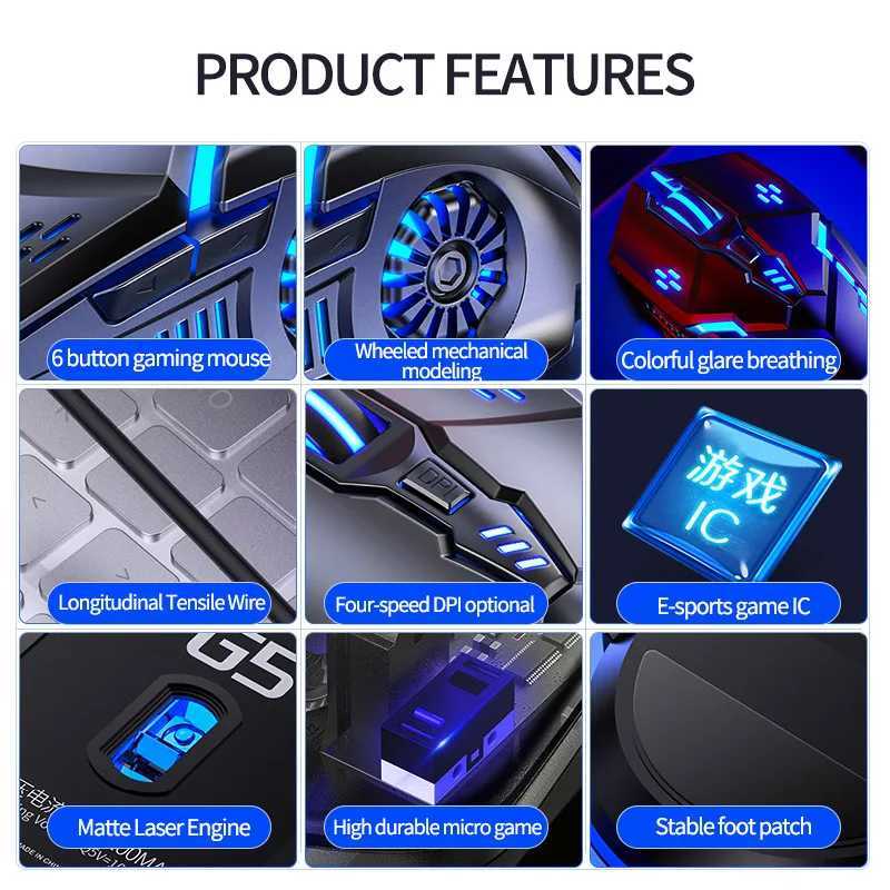 Ergonomic Wired Gaming Mouse RGB Mute Mouse LED Backlit 3200dpi 6Button G5 USB Mechanical Mouse For PC Laptop Computer Gamer O250225