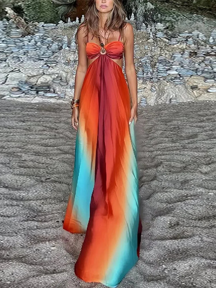 Bohemia Gradient Printed Sling Beach Maxi Dress Women Spaghetti Strap Sleeveless Backless Long Dress Female Hollow Out Chic Robe 250222