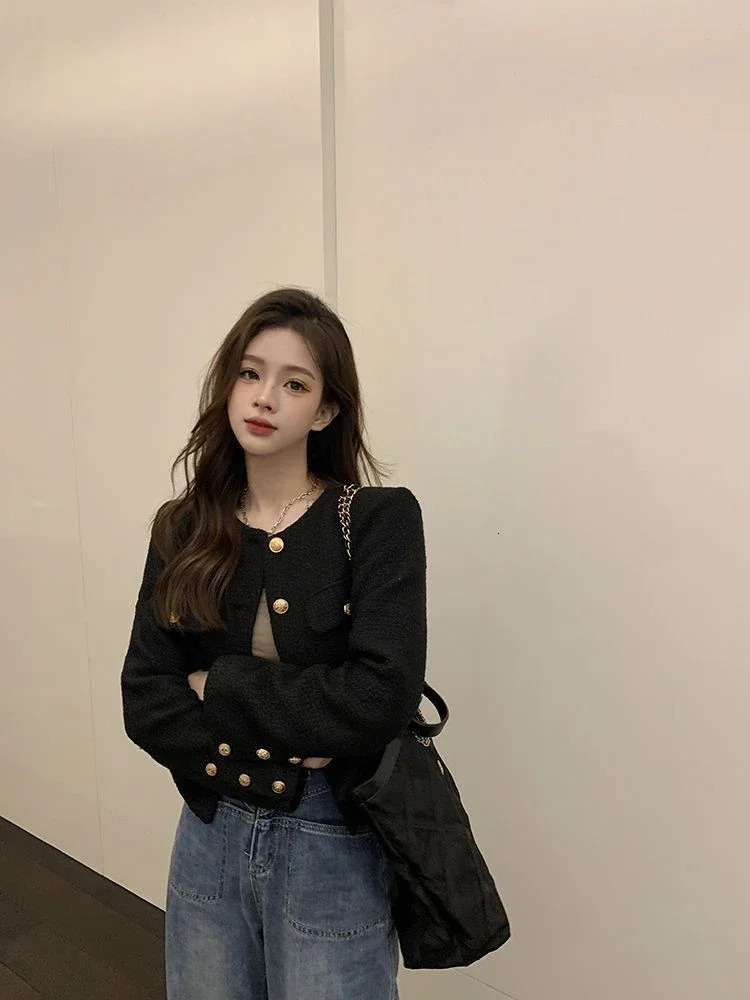 Wool Coat Women Jacket Short Autumn Winter Cardigan Long Sleeve Top Single Breasted Tweed Versatile Wool Top Full Sleeve 2024 250224