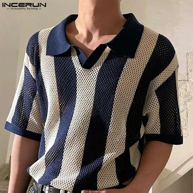 INCERUN mens summer hollow striped top casual mens lapel short sleeved shirt S-5XL top three way oversized chemical 250222