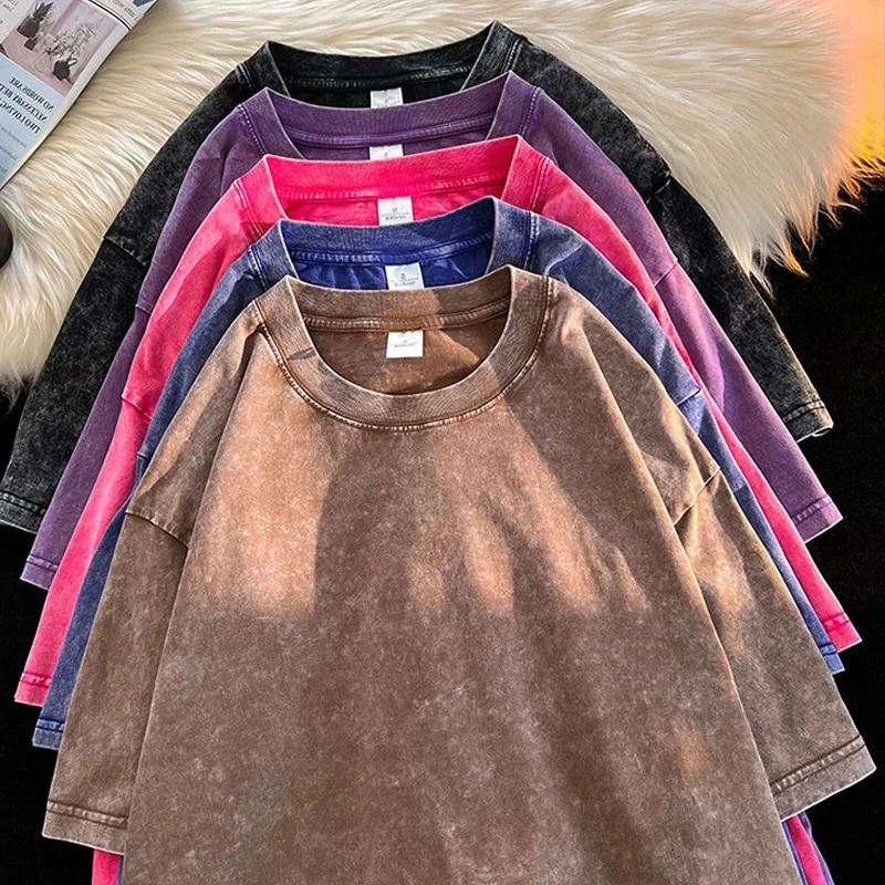 230G Cotton Retro Punk T-shirt Drop-shoulder Sleeve Men Women Vintage Short-sleeve T Shirts Solid Color Hip Hop Loose Tees 250225