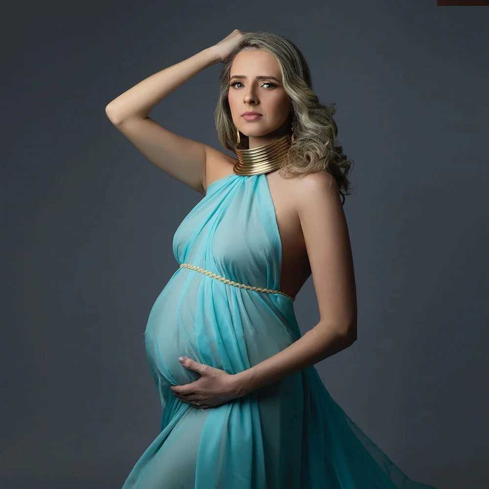 Pregnant Women Chiffon fabric Photography Dress Sexy Elegant Long Maternity Dresses Gold Leather African Accessories Posing Props X250224