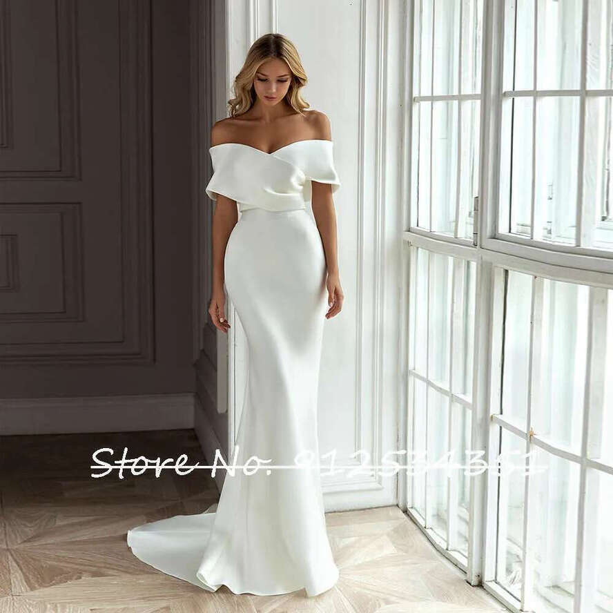 Satin Noivas Vestidos Mermaid Wedding Dress With Detachable Train Simple Robe De Mariee V Neck Off The Shoulder Trouwjurk