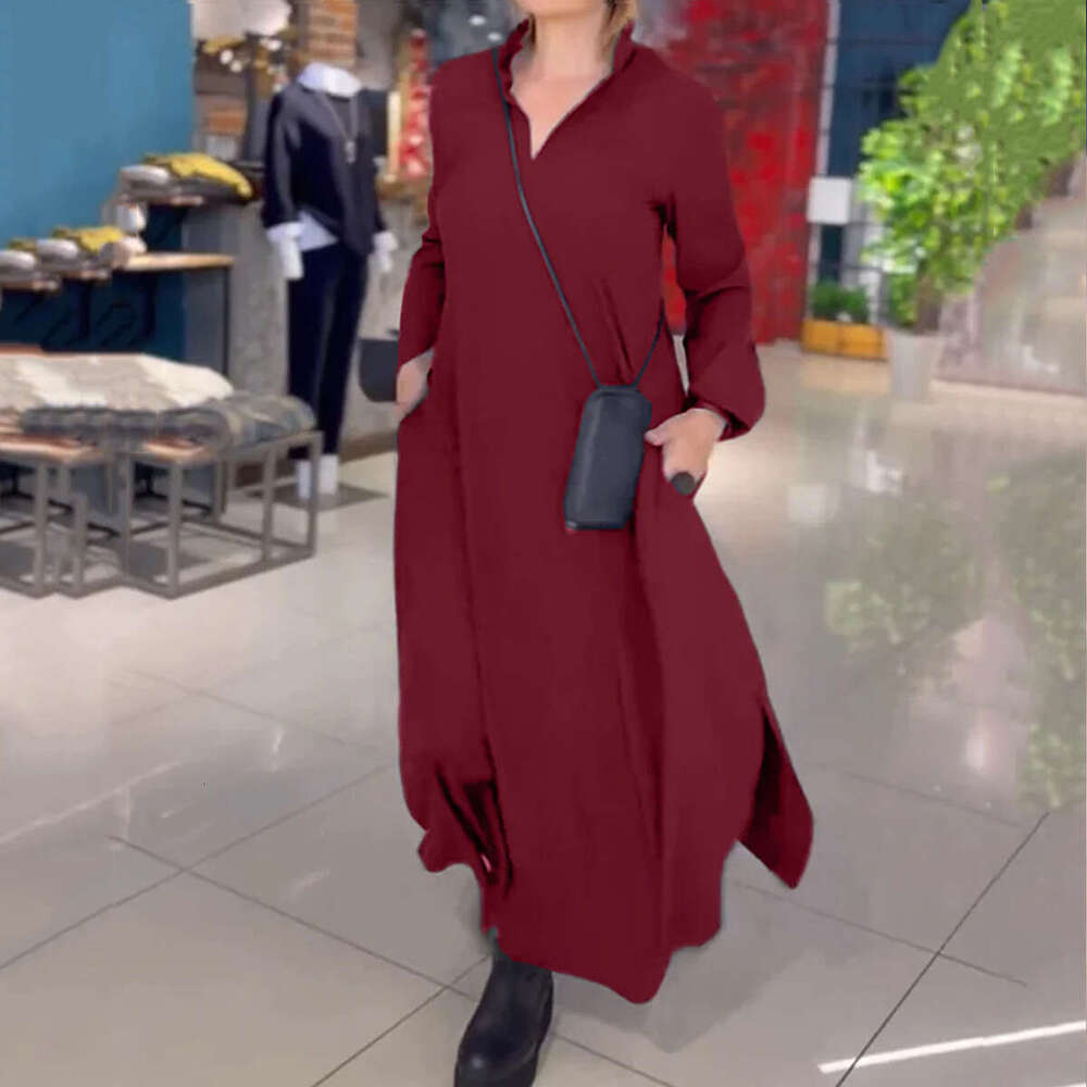 Autumn Winter New European And American Casual Loose Solid Color V-Neck Pullover Long Sleeved Dress For Women