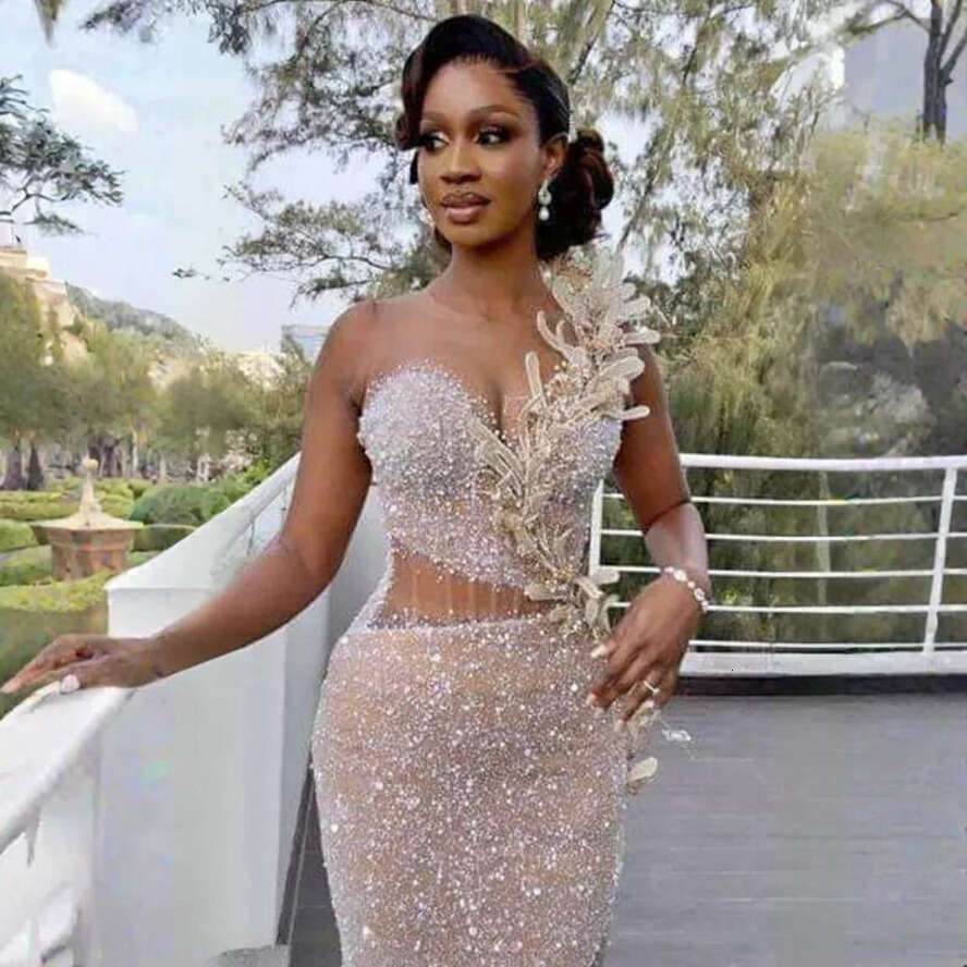Aso Ebi Gold Prom Sequined Mermaid Sexy Side Split Evening Birthday Party Second Reception Dresses African Arabic Formal Dress Engagement Gowns St231