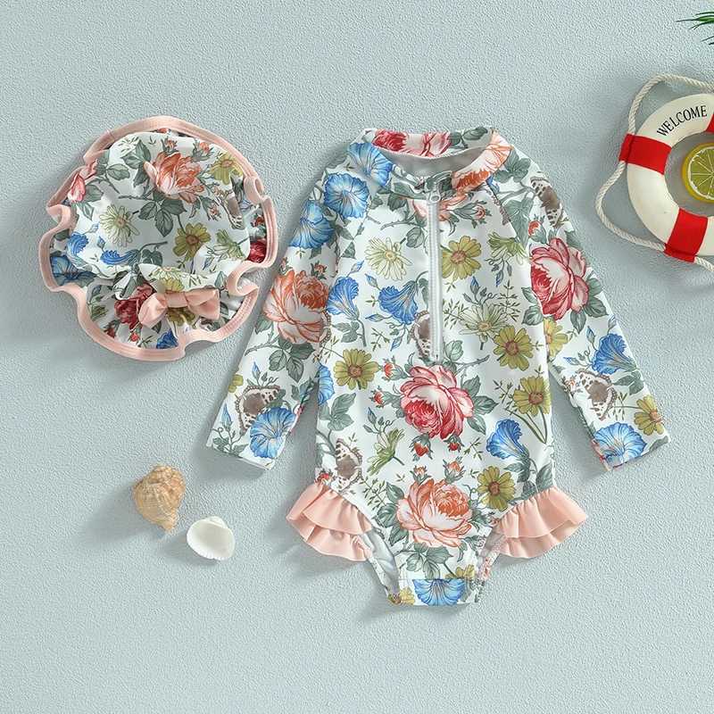 Toddler Girl Mermaid Print Swimsuit with Ruffles and Matching Swimming Cap for Summer Beach Fun X250224