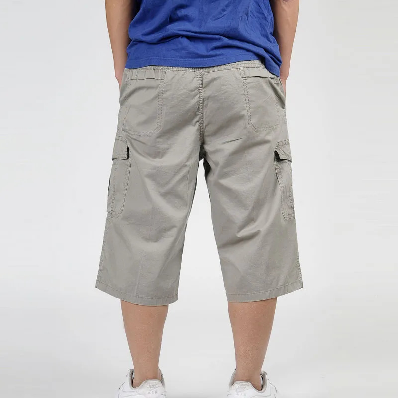 2023 Mens Summer MultiPocket Baggy Cargo Cotton Calf Length Pants Casual Trouser Male Large Solid Color Shorts Plus Size Xl6Xl 250214