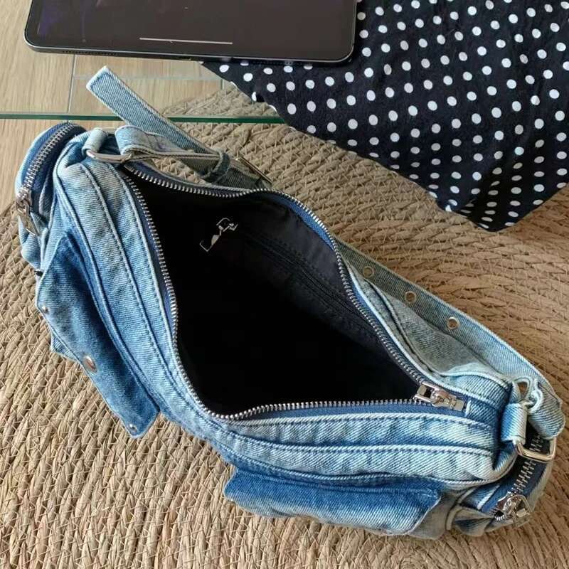 Vintage Denim Bags For Women Designer Handbag Purses 2025 New In Washing Process Multiple Pockets Rivet Underarm Shoulder