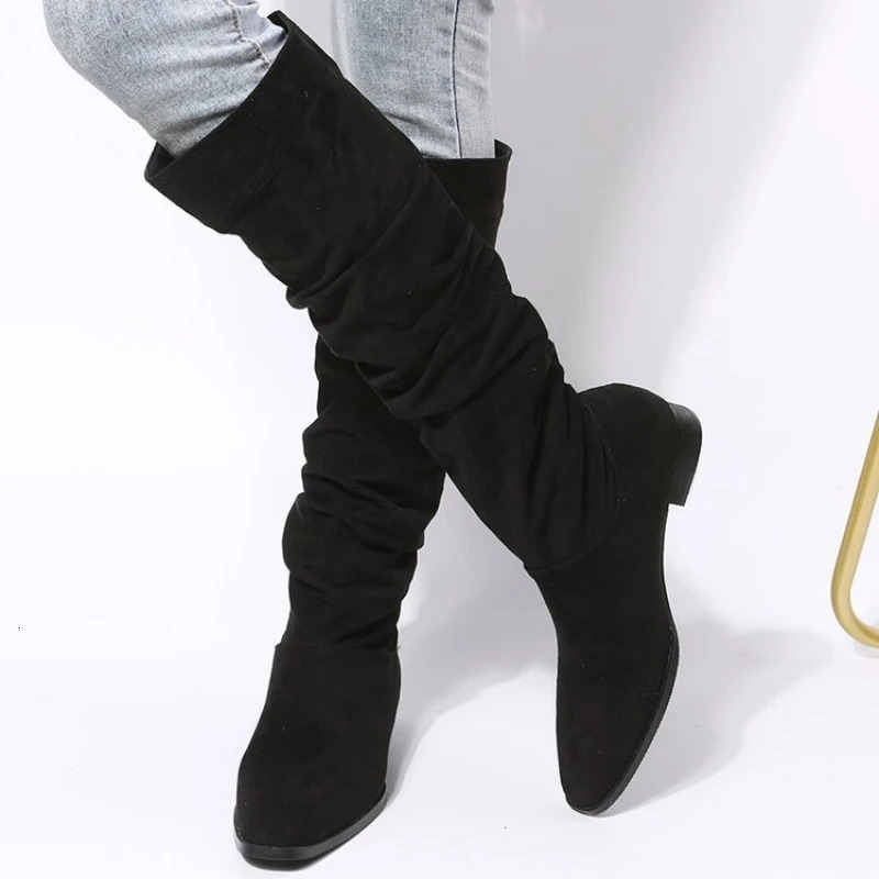 Solid Color Comfortable Fashion Knee-high Fashion Boots Round Head Square Heels Increase Large Size Winter High Boots250225