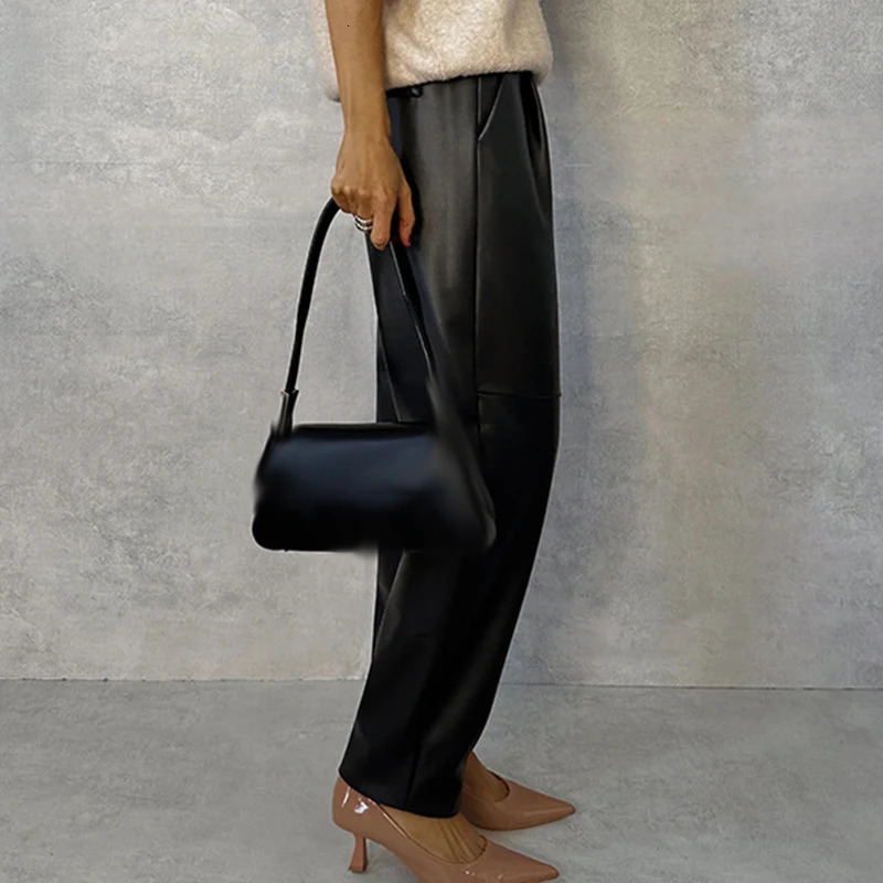 Streetwear Casual Solid PU Leather Pants for Women Spring Elastic Waist Pocket Trousers Autumn Straight Office Ladies Pants 250224
