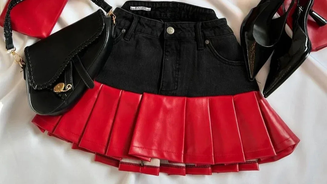 Y2K Gothic Leather Patchwork Denim Two Piece Women Clothes Harajuku Zip Jacket Mini Pleat Skirt Set 250222