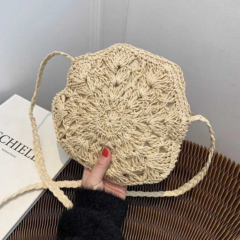 Summer Octagon Straw Bag Women Handmade Small Crossbody Bag Travel Beach Bag Round Messenger Bag Clutch Outing Ladies Handbag