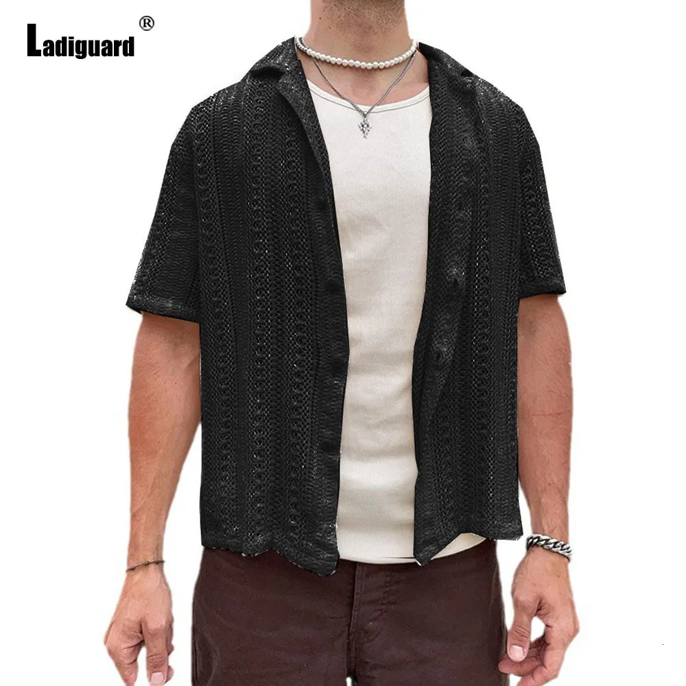 Europe Summer Knitting Blouse Solid White Hollow Out Shirt Mens Casual Beach Top Cardigans Lepal Collar Knitwear 250222