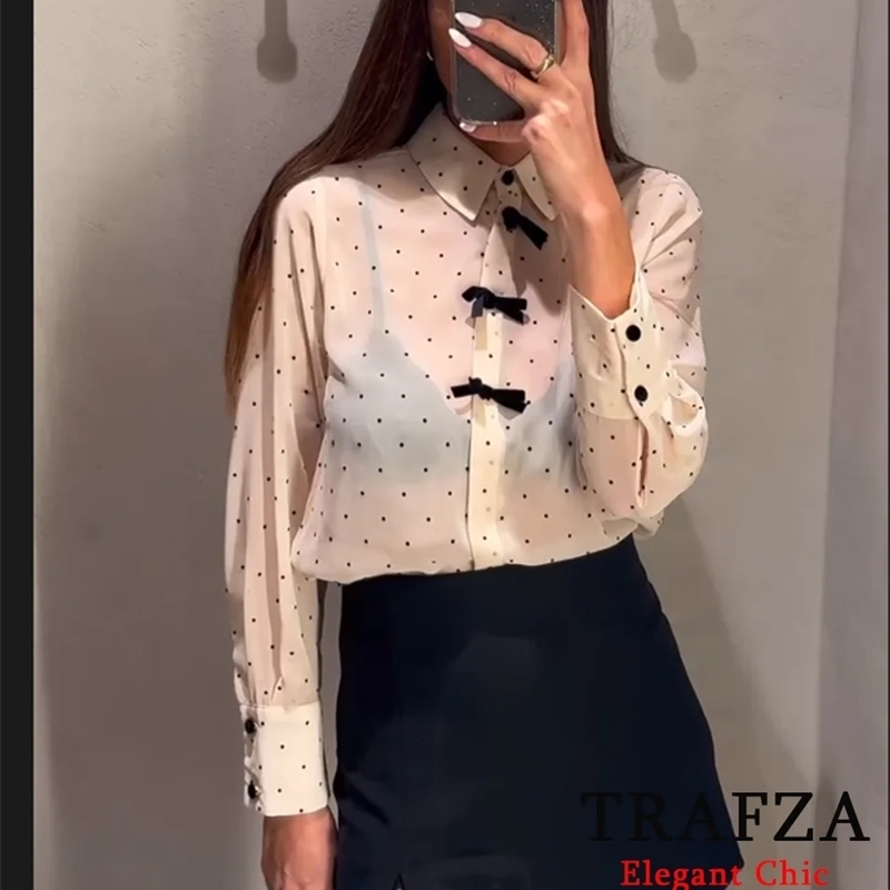 TRAFZA Women Elegant Bow Shirts Lapel Buttons Polka Dot Shirt Fashion Spring Summer Simple Casual 250222