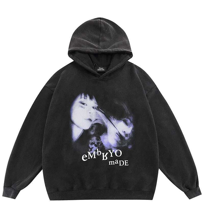 2024 Oversize Hoodie Sweatshirt Women Men Streetwear Face Ghost Shadow Graphic Haruku Retro Washed Black Hooded Pullover Y2K