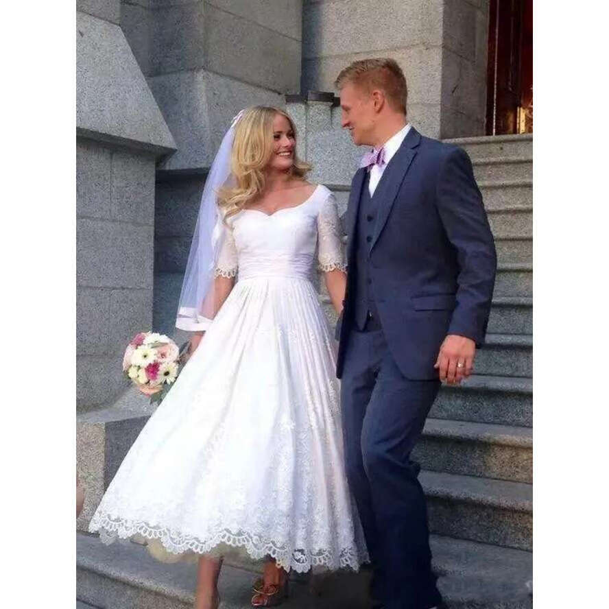 Cheap Vintage Simple Short A E Wedding Dresses Scoop Neck Half Sleeve Lace Appliques Ankle Length Country Garden Plus Size Bridal Gowns