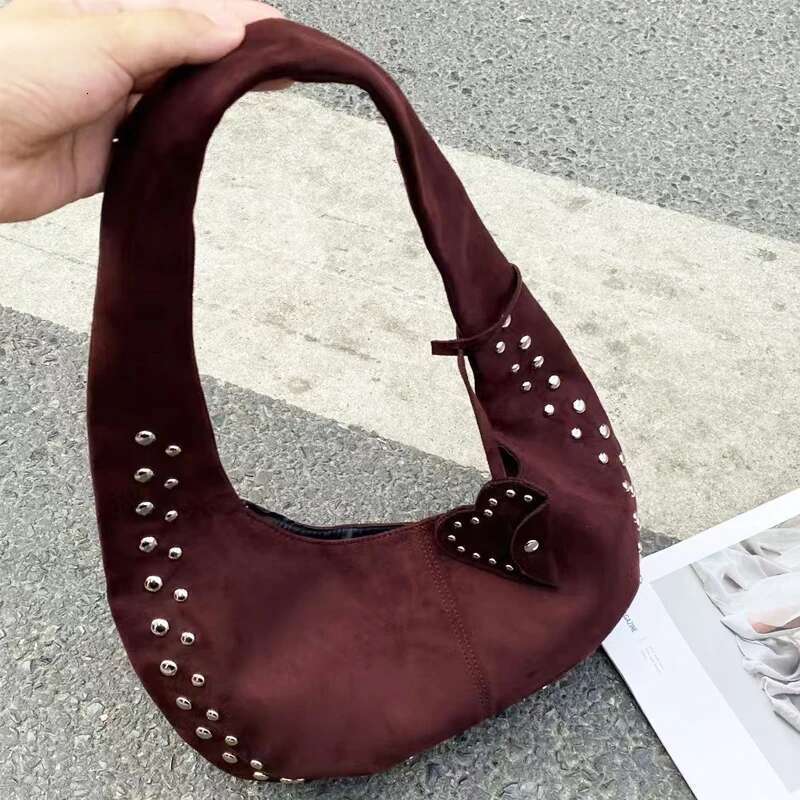 Vintage Faux Suede Slim Bags For Women Designer Handbags And Purses 2024 New In Rivet Trim Top Handle Underarm Shoulder
