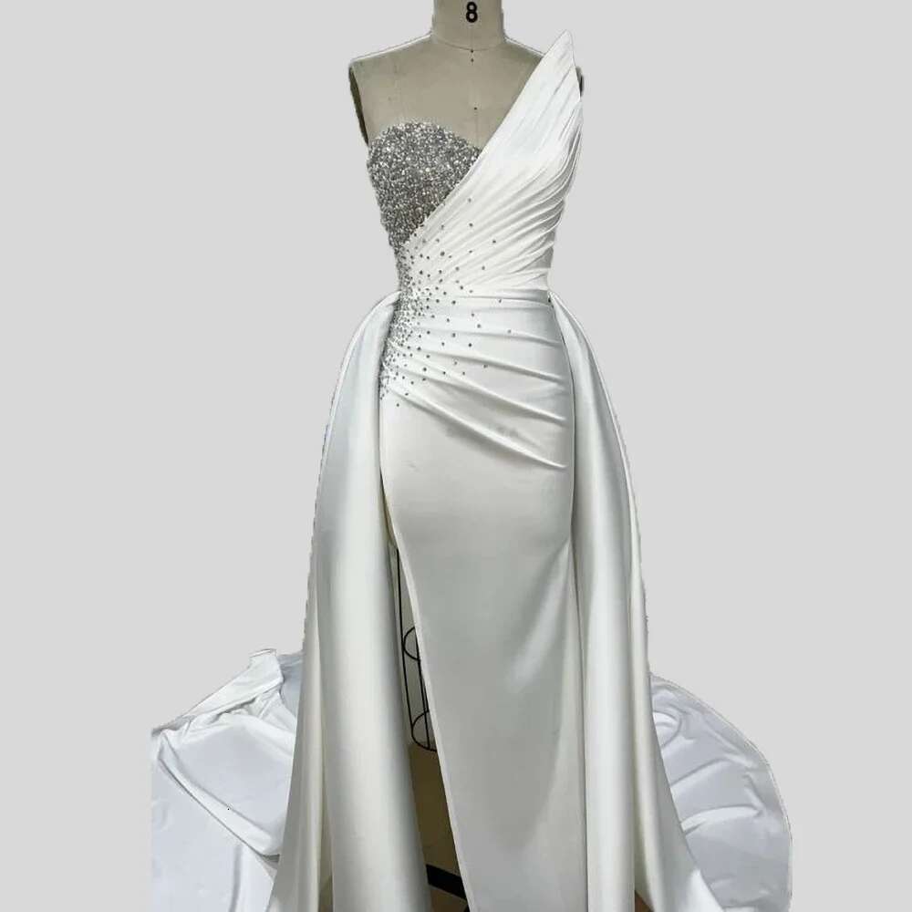 Stylish White Satin Wedding Mermaid Lace Dresses, Pleated, Split Sweep Train, Bridal Dress, Exquisite, Strapless, Pearls