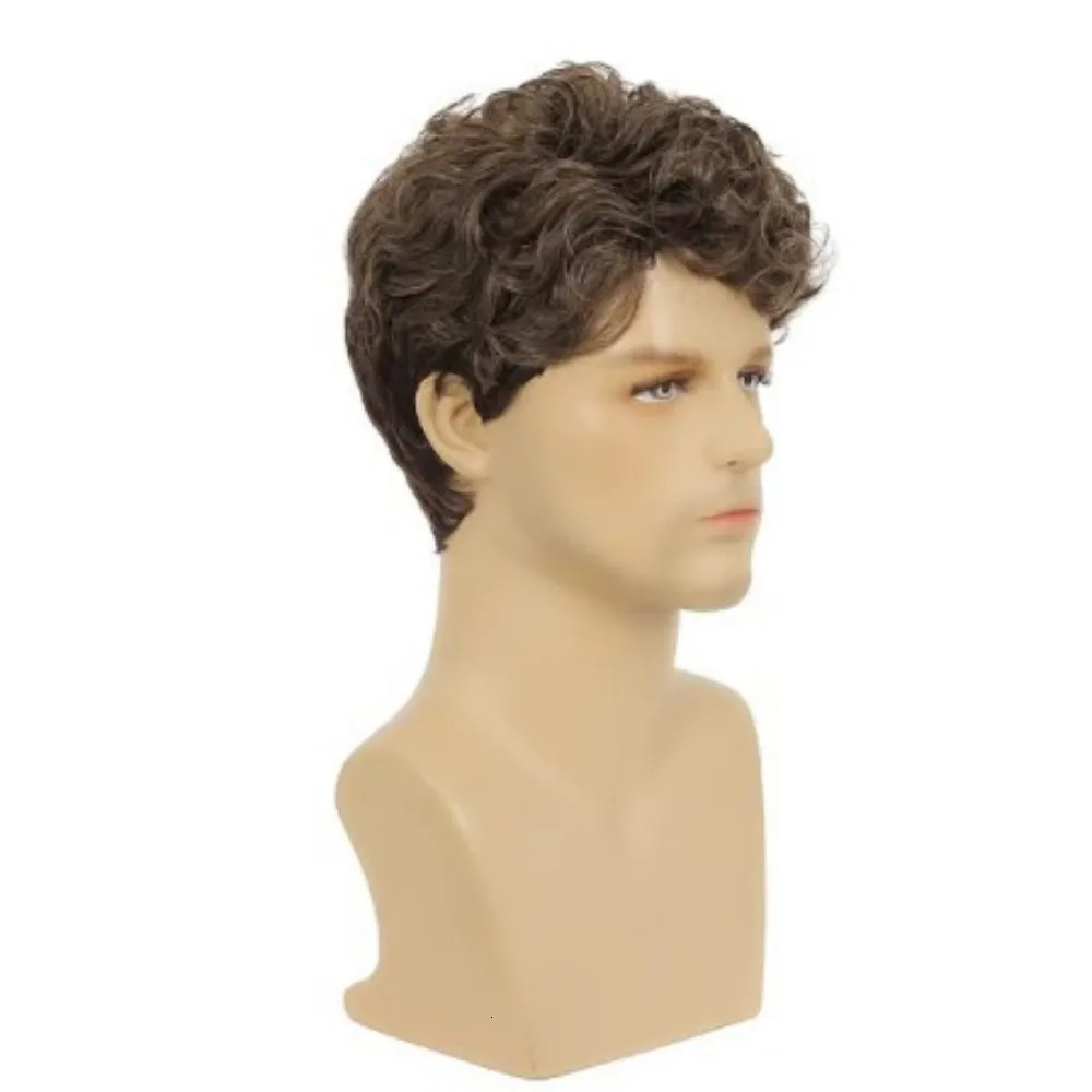 Brown Synthetic Wig Short Curly Hair Fluffy Fashion Men Short Curly Hair High Temperature Silk Chemical Fiber Head Cover 250224