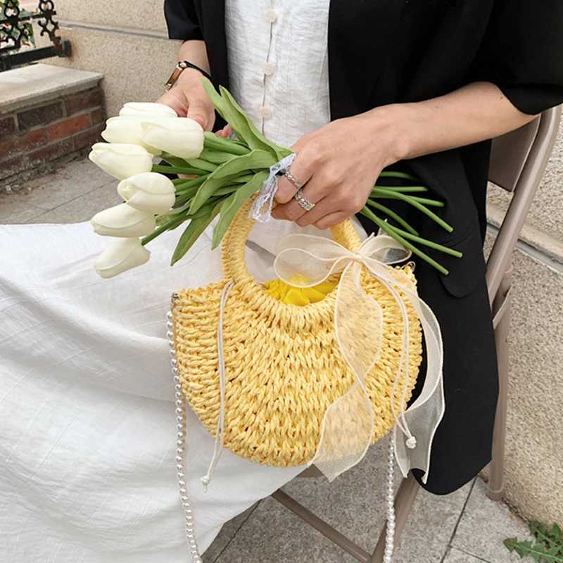 Pearl Bow Decor Straw Bag For Women Handmade Woven Top-handle Bag Vacation Seaside Beach Bag Basket Casual Shoulder Bags Basket