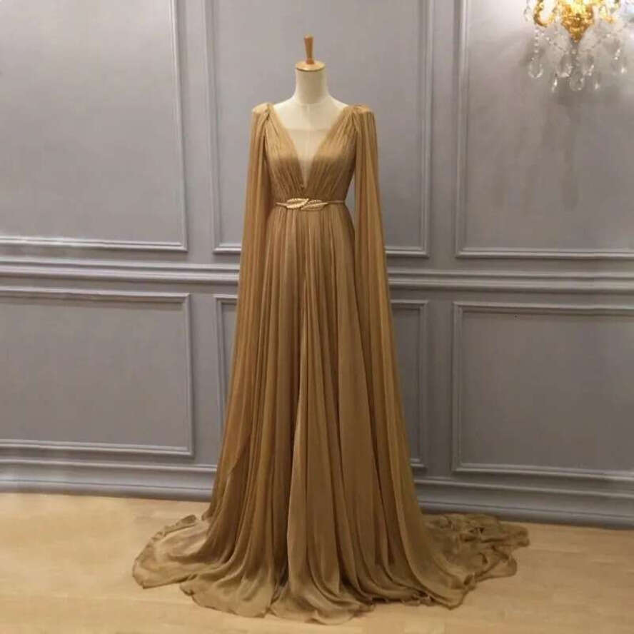 Gold Chiffon Arabic Formal Dresses Evening Wear Plunging Neck Special Ocn Gowns Dubai A E Pleated Or Length Prom Dress