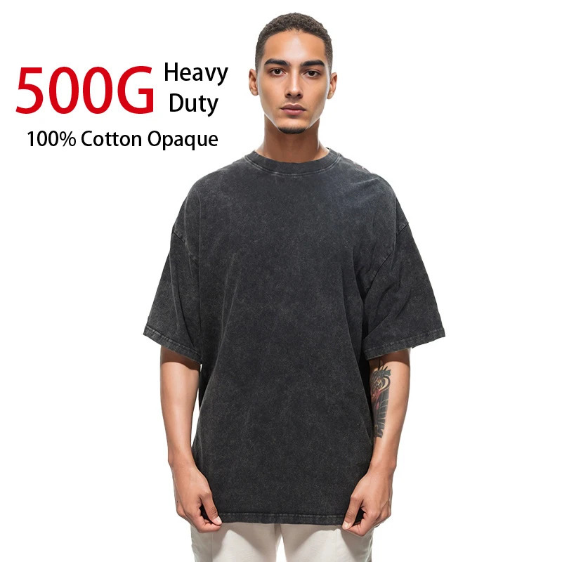 500G Heavy Pure Cotton American Retro Batik Washed Distressed T-shirt Fashion Mens Loose Couple Short Sleeve 250225