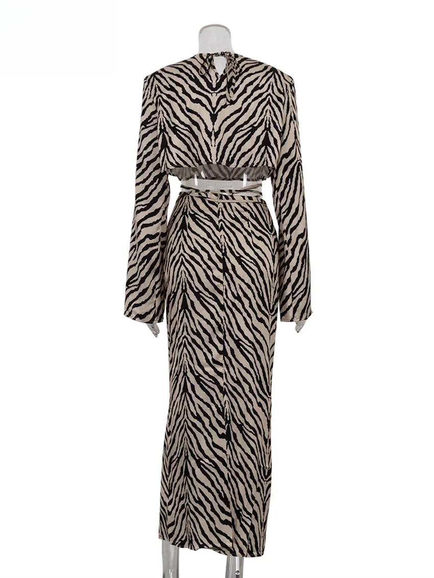 Elegant Khaki Print For Women designer clothing 2 Pieces Fashion O-Neck Long Sleeve Crop Tops And Lace-Up Slim Straight Skirts Sets