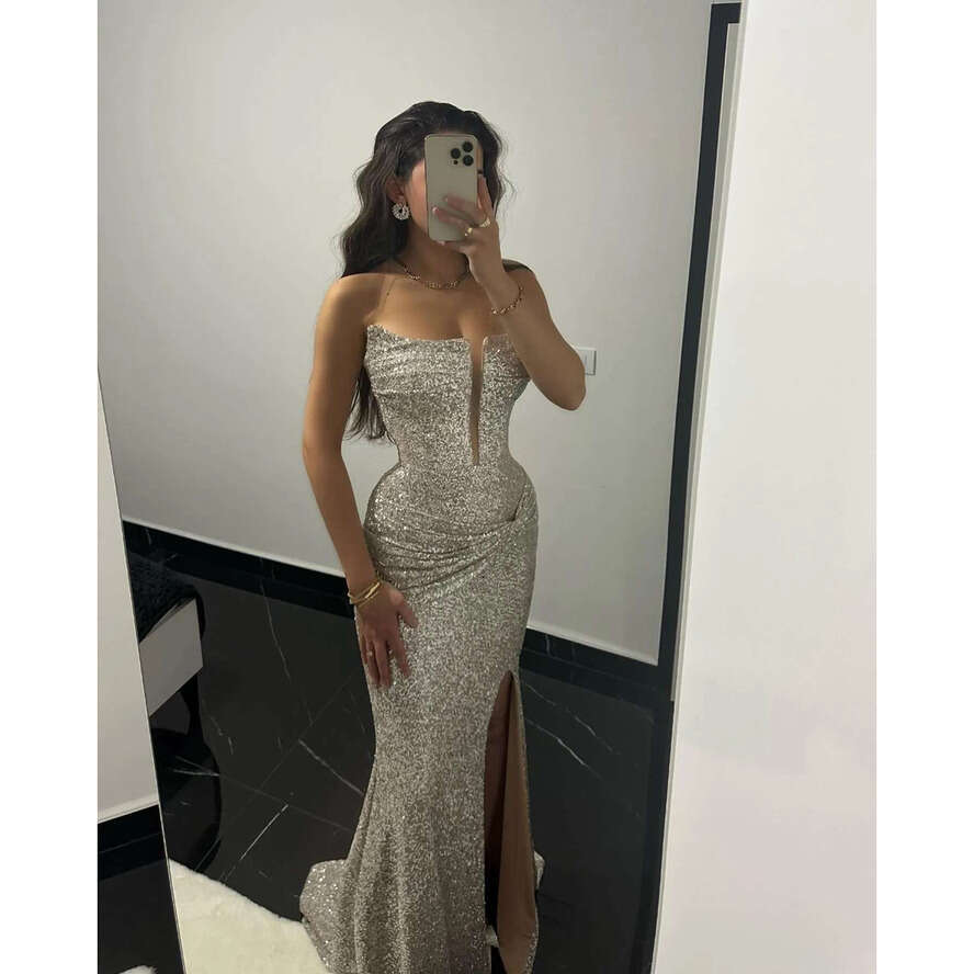 Mermaid Prom Sier Dress Strapless Sequins Formal Evening Dresses Elegant Ogstuff Party Gowns For Special Ocns Split Robe De Soiree Es