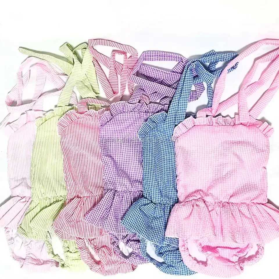 Ruffles Summer 100% Cotton Baby Clothes Toddler Swimsuit Seersucker Infant Kids One Piece Bikini Beachwear Ruffle Girls Swimwear X250224