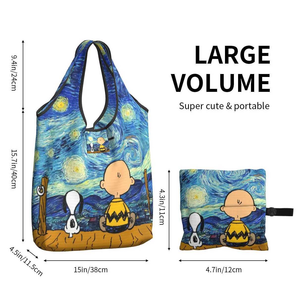 Custom Van Gogh Landscape And Charlie Brown Shopping Bag Women Portable Big Capacity Grocery Shopper Tote Bags Z250224