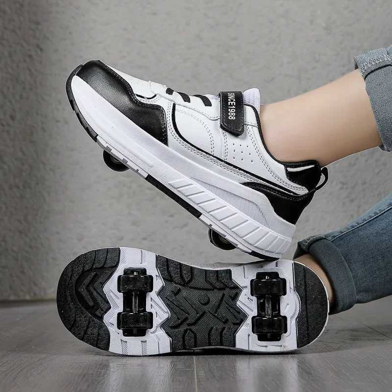 New Four Wheel Womens and Girls PU Leather Childrens Roller Shoes Fashion Boys Sports Shoes Breathable Childrens Skateboarding Size 30-40 W250225