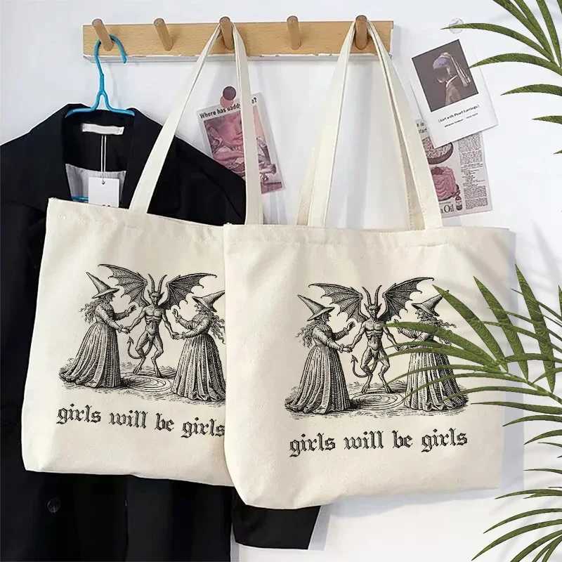 Girls Will Be Girls Witch Canvas Tote Bag Organizer New Large Capacity Travel Storage Shoulder Bag Handbag Halloween Spooky Gift Z250224