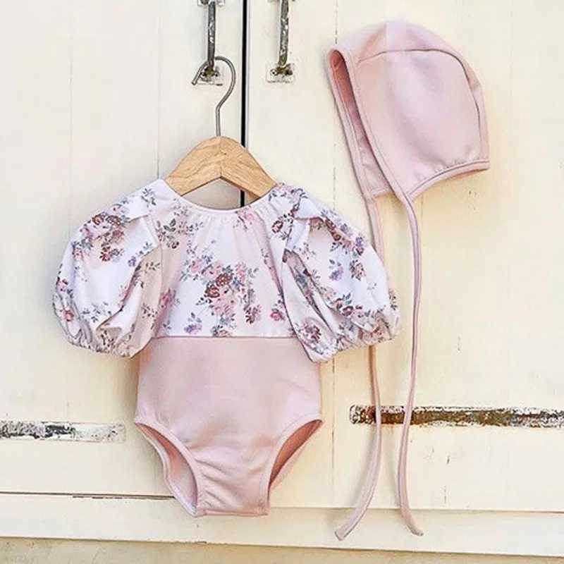2024 New Summer Infant Baby Girls Swimsuit+Hat 0-3Yrs Kids Swimwear Toddler Baby Girls Beachwear Short Sleeved Printing Rompers X250224