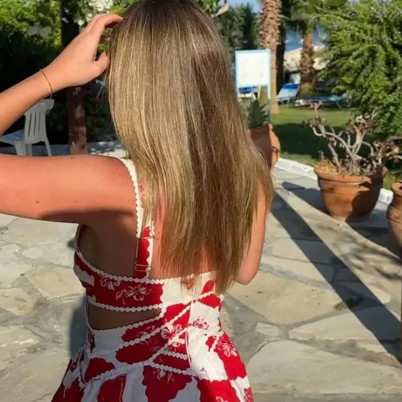 Chic Hollow Out Color Blocked Print Halter Dress Sexy Slim High Waist A-line Party Dress Early Spring Vacation Beach Mini Dress 250225