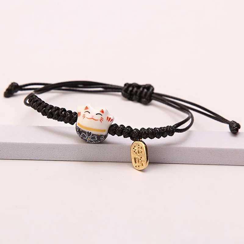 Simple Ceramic Lucky Cat Braided Bracelet for Women Cute Animal Kitten Hand-woven Adjustable Bangles Party Harajuku Jewelry GiftXJ250225