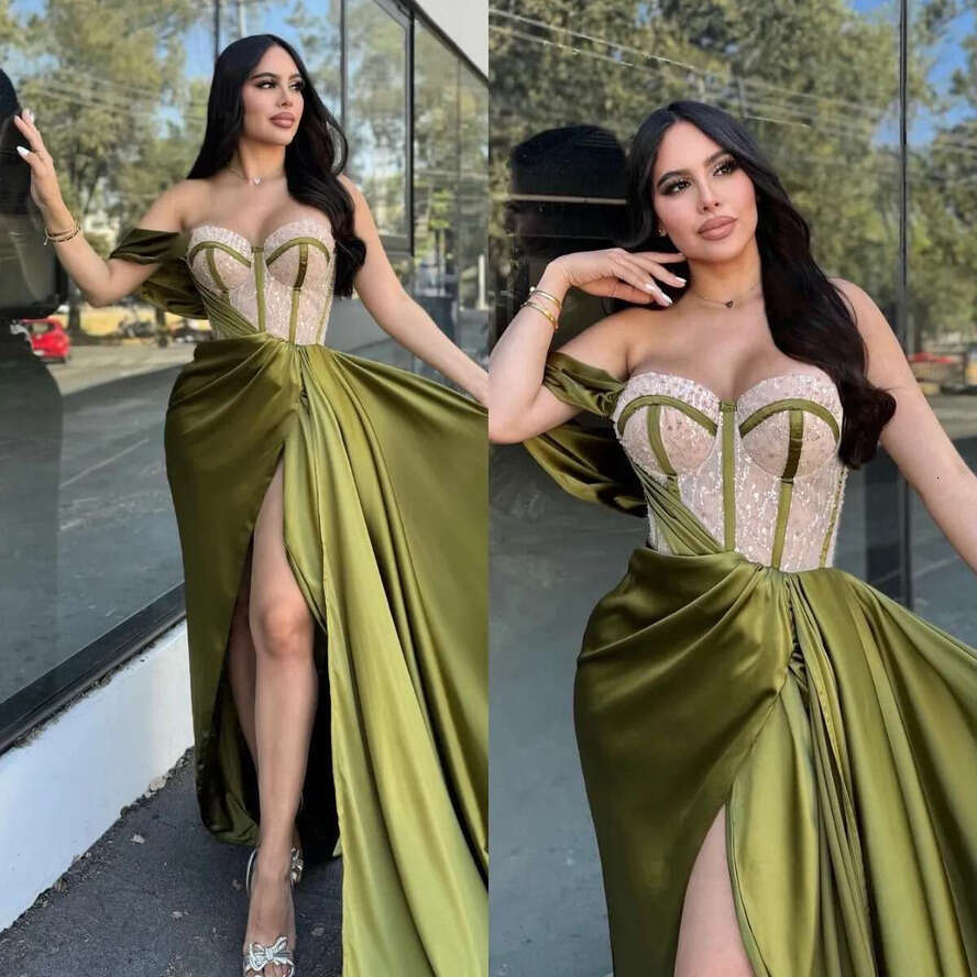 Olive Green Sheath Prom Dress Bone Bodice Beading Sweetheart Evening Dresses Satin Thing Split Backless Beauty Women Formal Gown