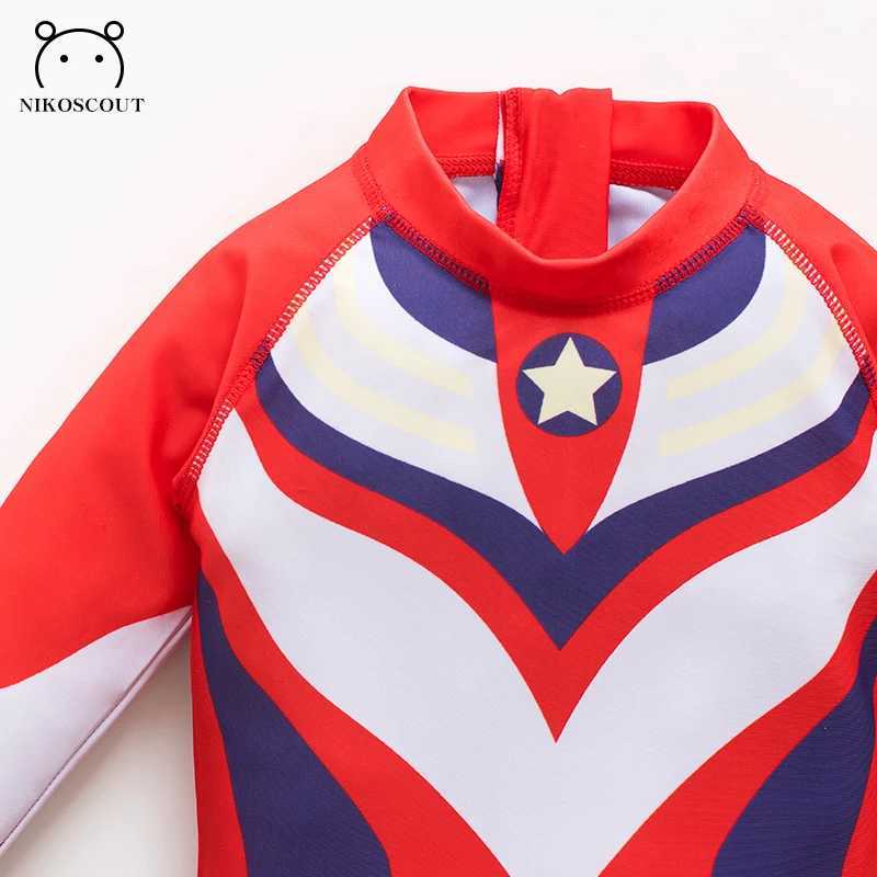 Childrens swimsuit for boys elementary school boys teenagers long sleeved sunscreen one-piece cartoon style new swimsuit for older children X250224