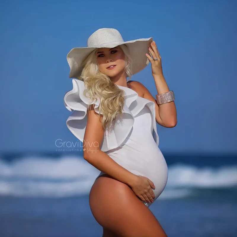 Crooked neck maternity photography bodysuit with single shoulder ruffled sleeves for pregnant women photography bodysuit X250224