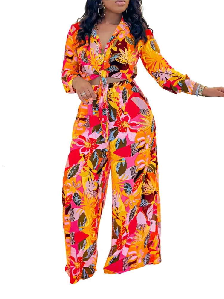 2024 Spring Summer Long Sleeved Printed Suit For Women Fashion Lapel Single Breasted Shirt Wide Leg Trousers Two Piece Set 250224