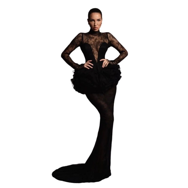 Puffy Ruffles Prom Dresses See Through Lace Mesh Mermaid Evening Party Dress Elegant High Neck Pageant Dress