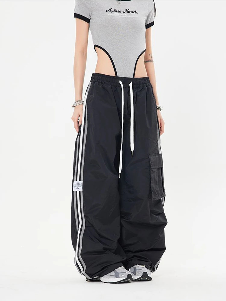 Y2K Kpop Cargo Pant Women Drawstring Pockets Wide Leg Chic Punk Pants Baggy Striped Sports Sweatpants Parachute Jogger Trousers 250222