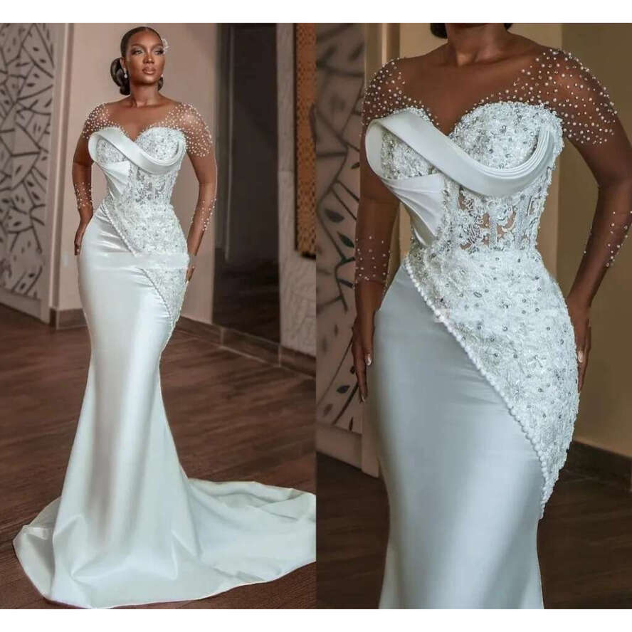 African Satin Mermaid Wedding Dress 2024 For Bride Sheer Neck Long Sleeve Appliques Beading Bridal Formal Gowns Civil Vestidos De Noivas