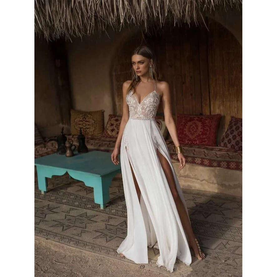 Sexy A-E High Side Split Wedding Dresses Bridal Gowns Spaghetti Straps Lace Appliques Beaded Vestios De Novia Backless Chiffon Weddings Dress Custom