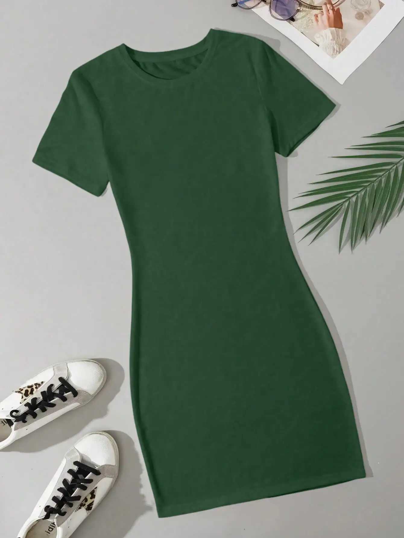 Summer womens fashionable simple green solid color casual slim fit short Sve round neck mini dress 2024 new itemXJ250224
