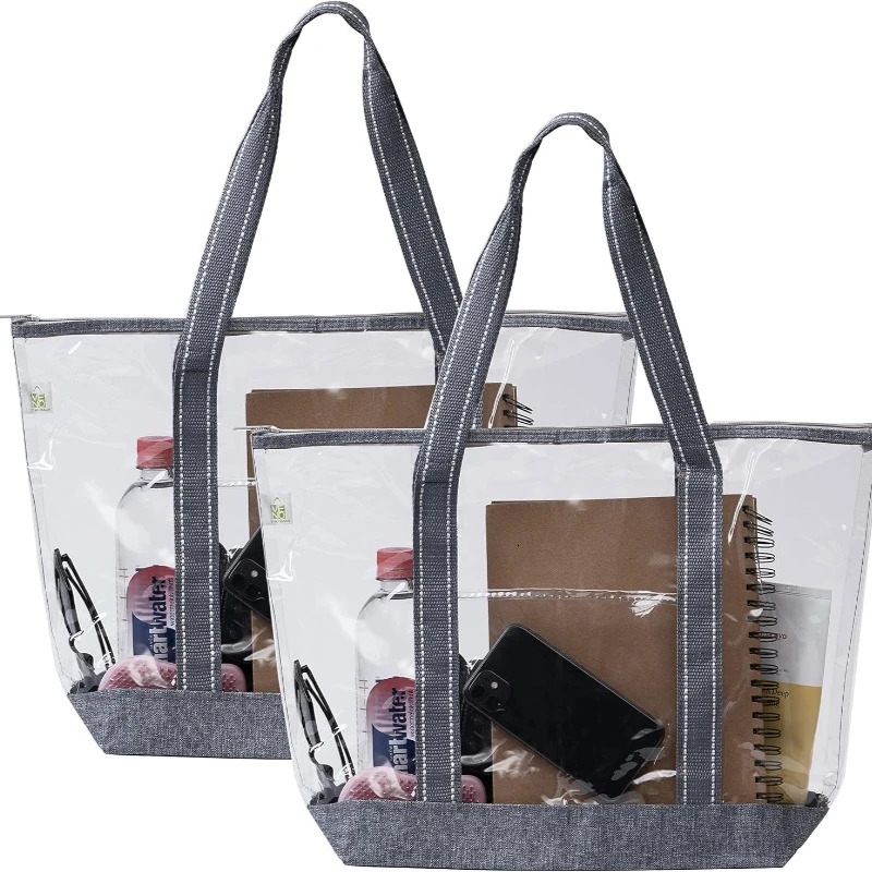 2 Packs Clear Tote Beach Bags for Woman w/Zipper Shoulder Strap Transparent Lunch Shopping Bag for Travel Stadium 250221