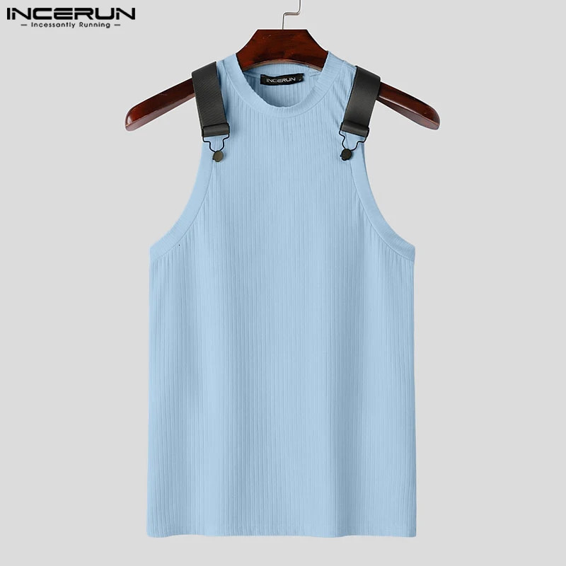 INCERUN Men Tank Tops Patchwork O-neck Sleeveless Summer Skinny Male Vests Streetwear 2024 Knitted Fashion Casual Men Clothing 250224