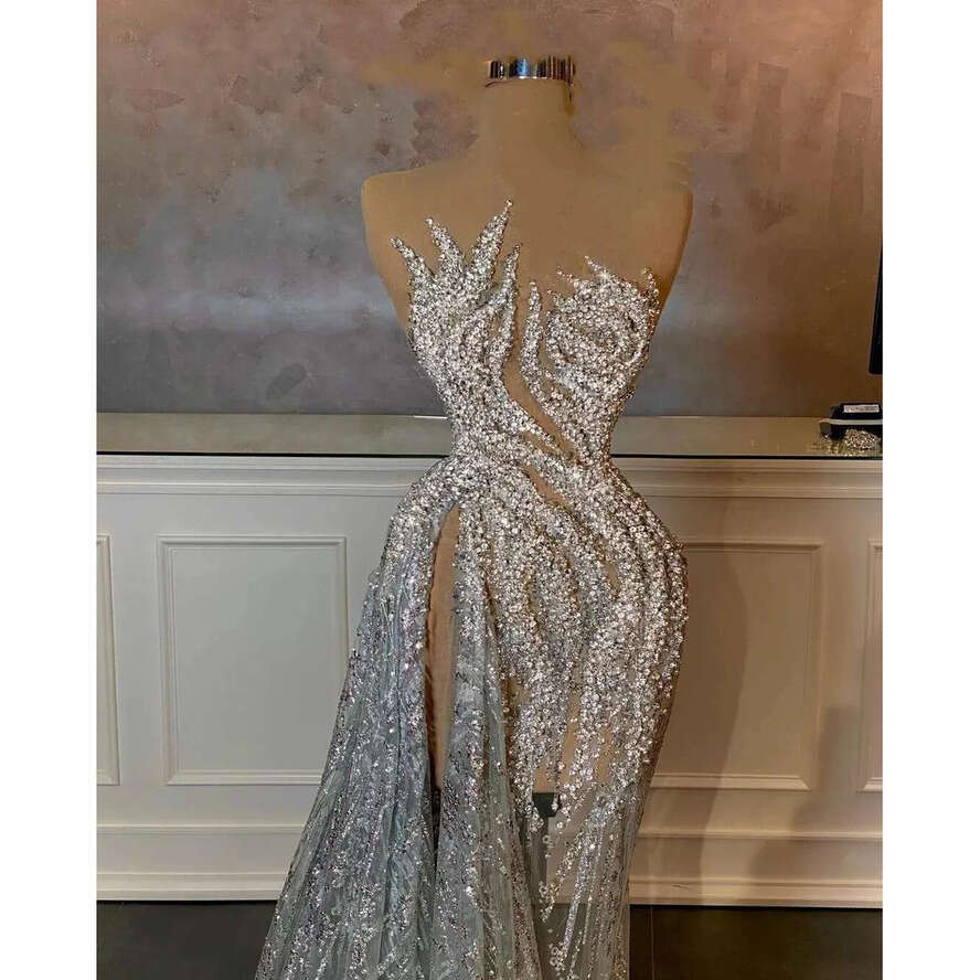 Sexy Women Prom Dresses Sheer Neck Sleeveless Gown Sequins Crystal Ruffles Split Side Dress For Party Custom Made