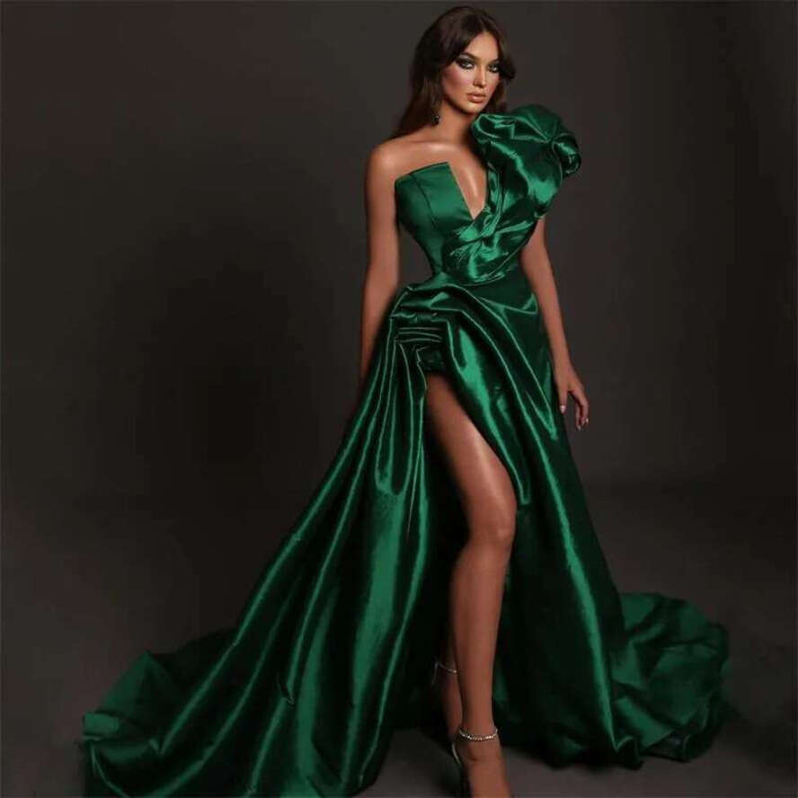 Elegant Green Evening Dresses One Shoulder Puffy Sleeveless Party Prom Banquet Custom-Made Side Split Or Length Ful Robe De Marie