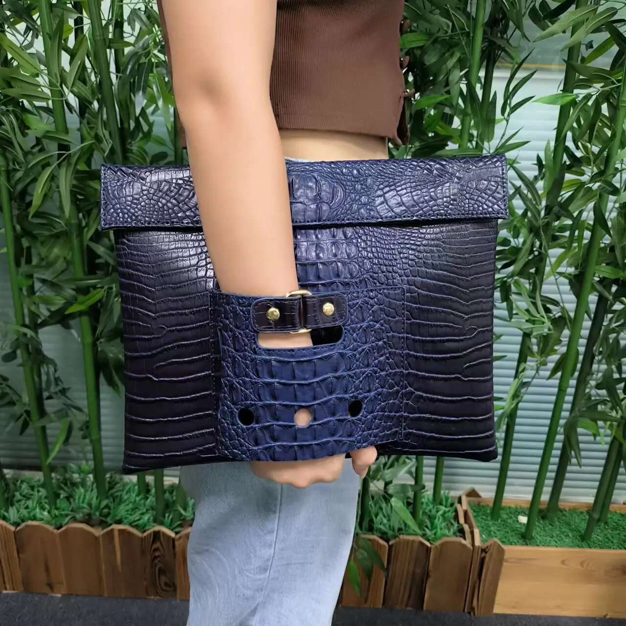 Large Crocodile Green File Folder A4 Document Fashion Women Laptop Pouch Business Briefcase Bag